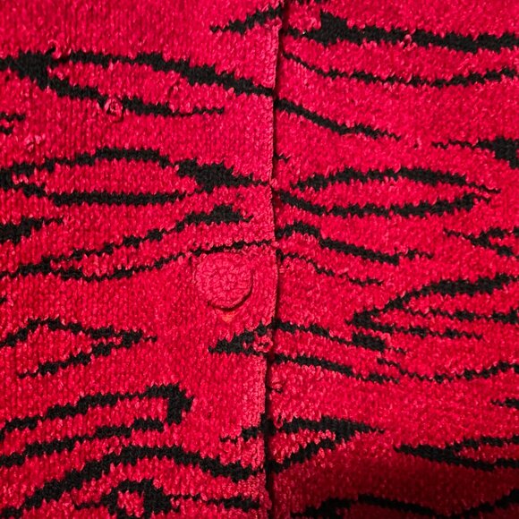 Outlander Red Tiger Strips Fur Collar Button Up Sweater - Picture 5 of 7